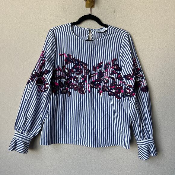 Tanya Taylor Marcie Stripe Floral Embroidered Top Size 6 - Picture 2 of 4